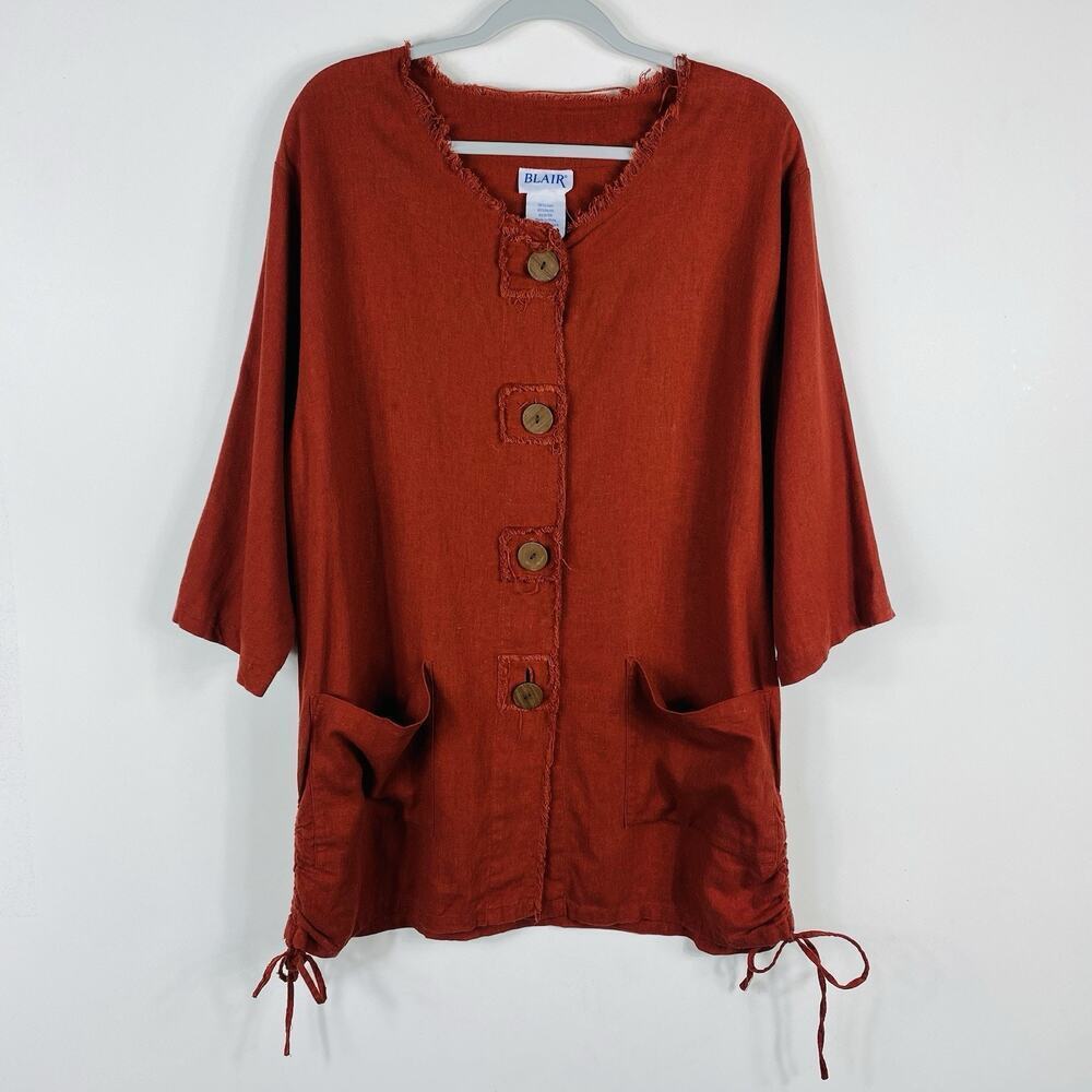 Blair Size Medium Frayed Trim Linen Blend Lagenlook Tunic Top